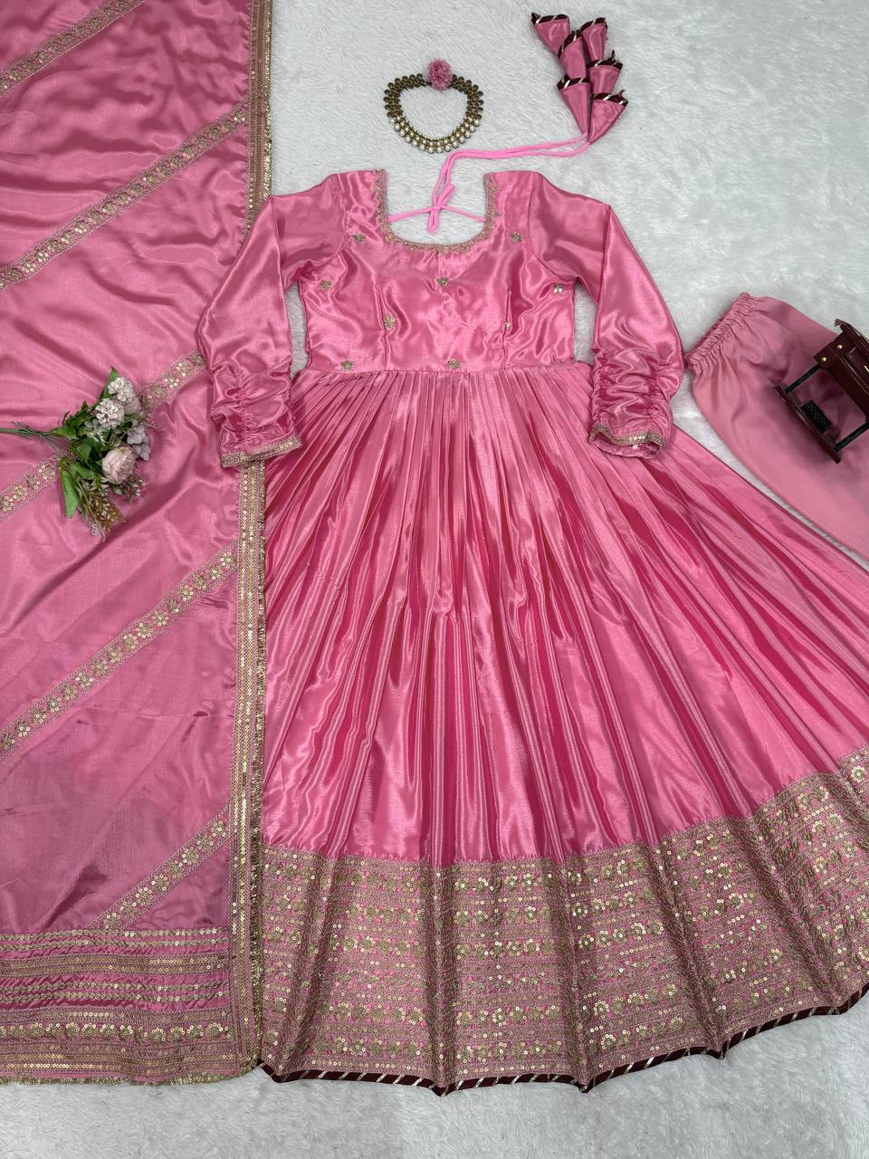 Pink Elegant Chinon Embroidered Suit Set
