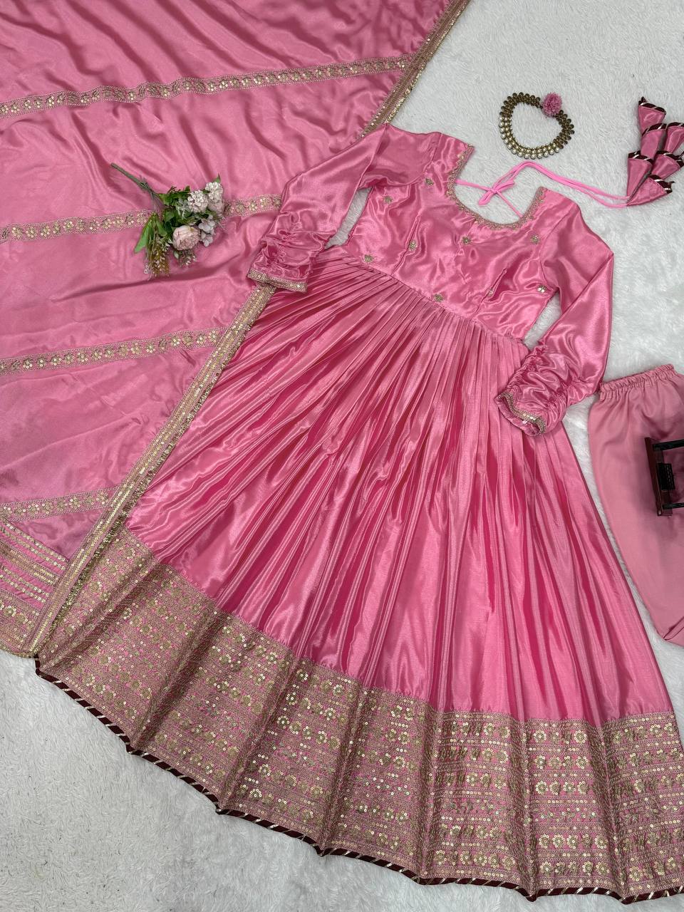 Pink Elegant Chinon Embroidered Suit Set
