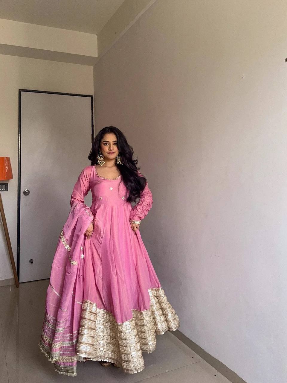 Pink Elegant Chinon Embroidered Suit Set
