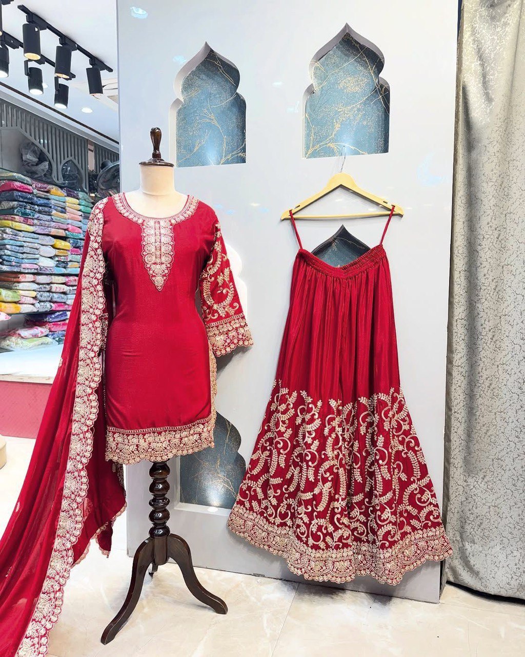 Pink Elegant Chinon Silk Embroidered Plazo Set with Dupatta