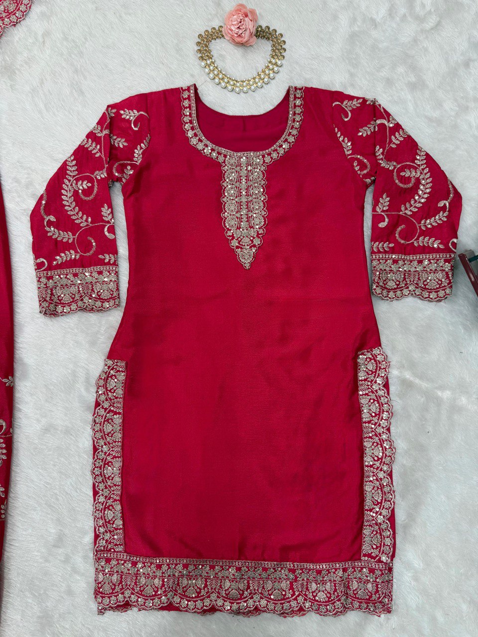 Pink Elegant Chinon Silk Embroidered Plazo Set with Dupatta