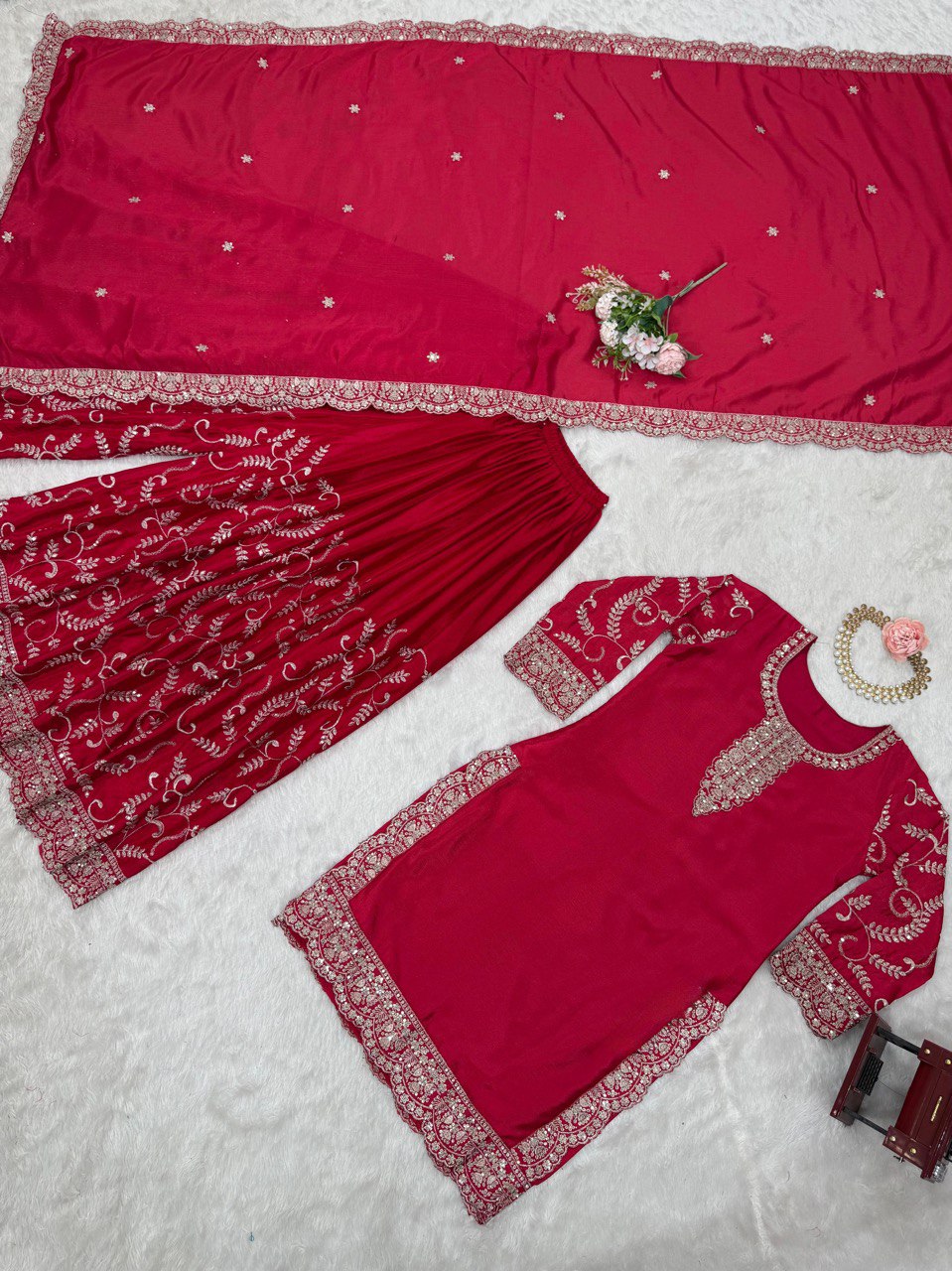 Pink Elegant Chinon Silk Embroidered Plazo Set with Dupatta
