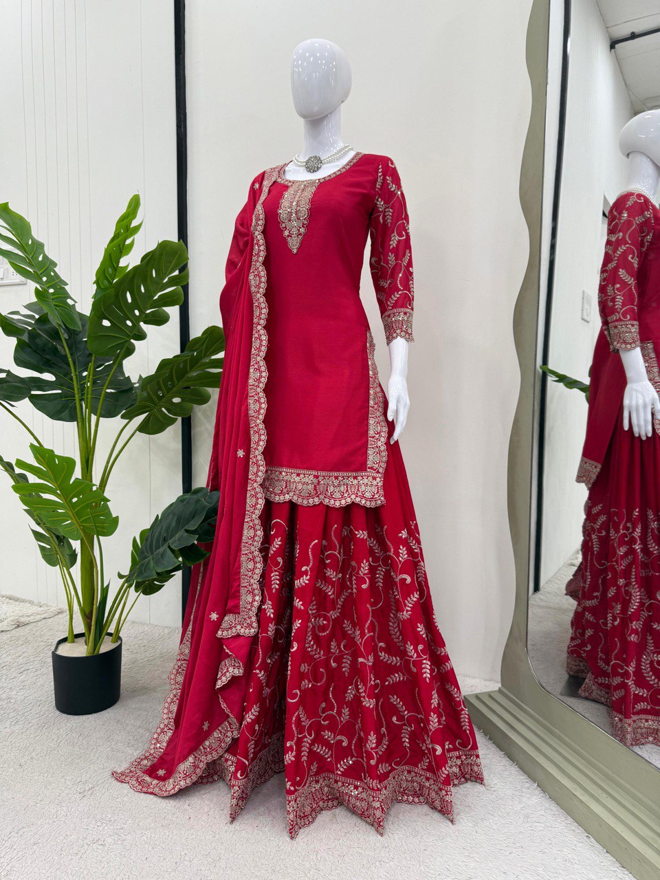 Pink Elegant Chinon Silk Embroidered Plazo Set with Dupatta