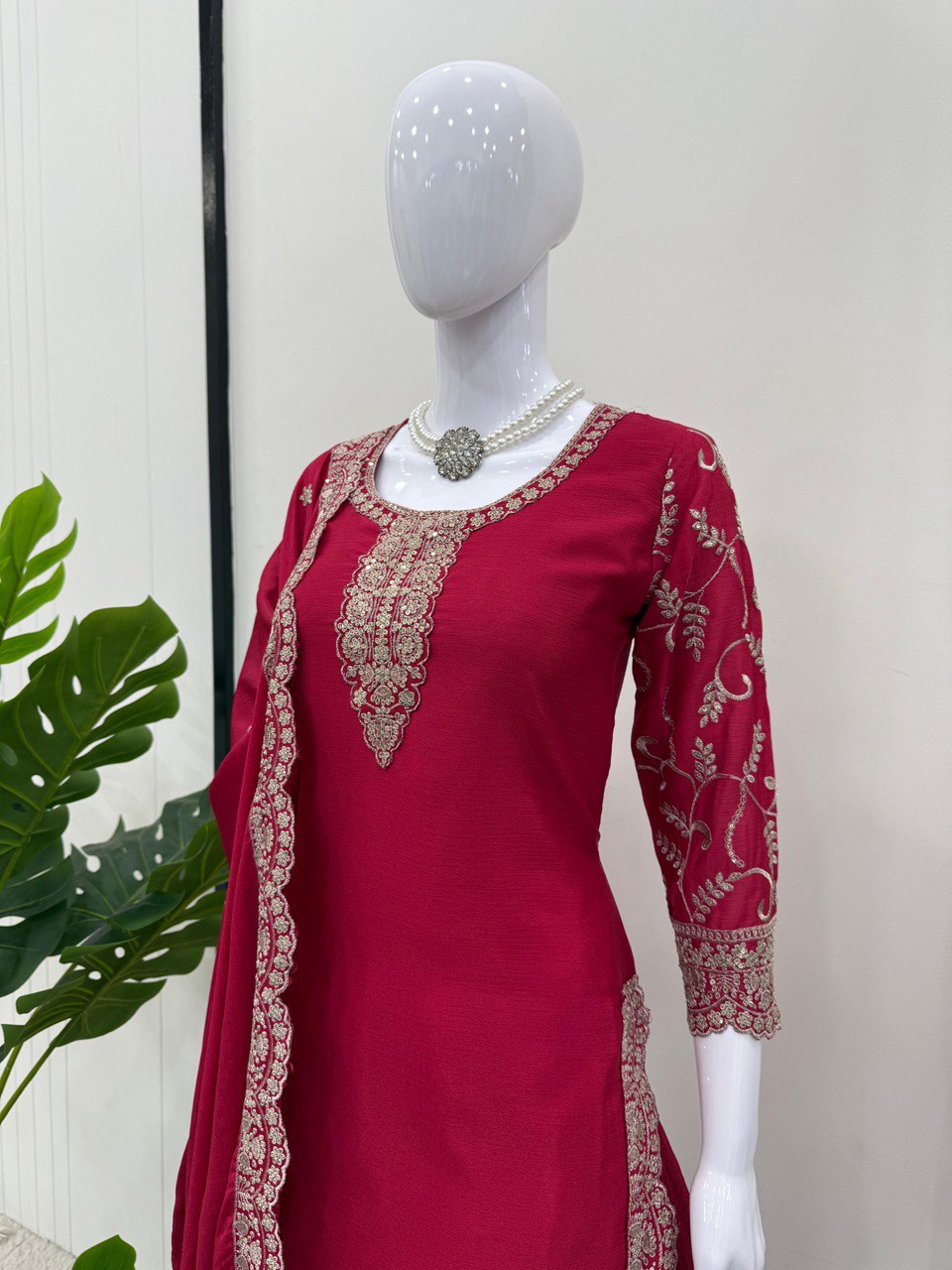 Pink Elegant Chinon Silk Embroidered Plazo Set with Dupatta