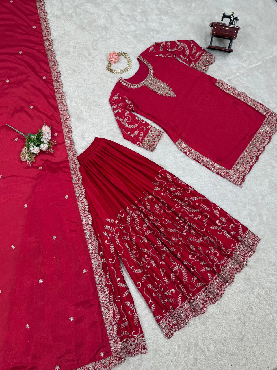 Pink Elegant Chinon Silk Embroidered Plazo Set with Dupatta