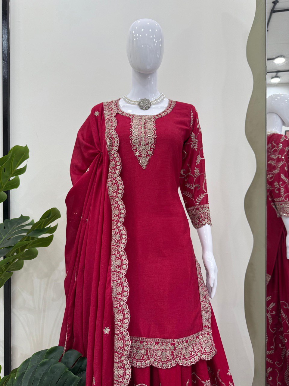 Pink Elegant Chinon Silk Embroidered Plazo Set with Dupatta