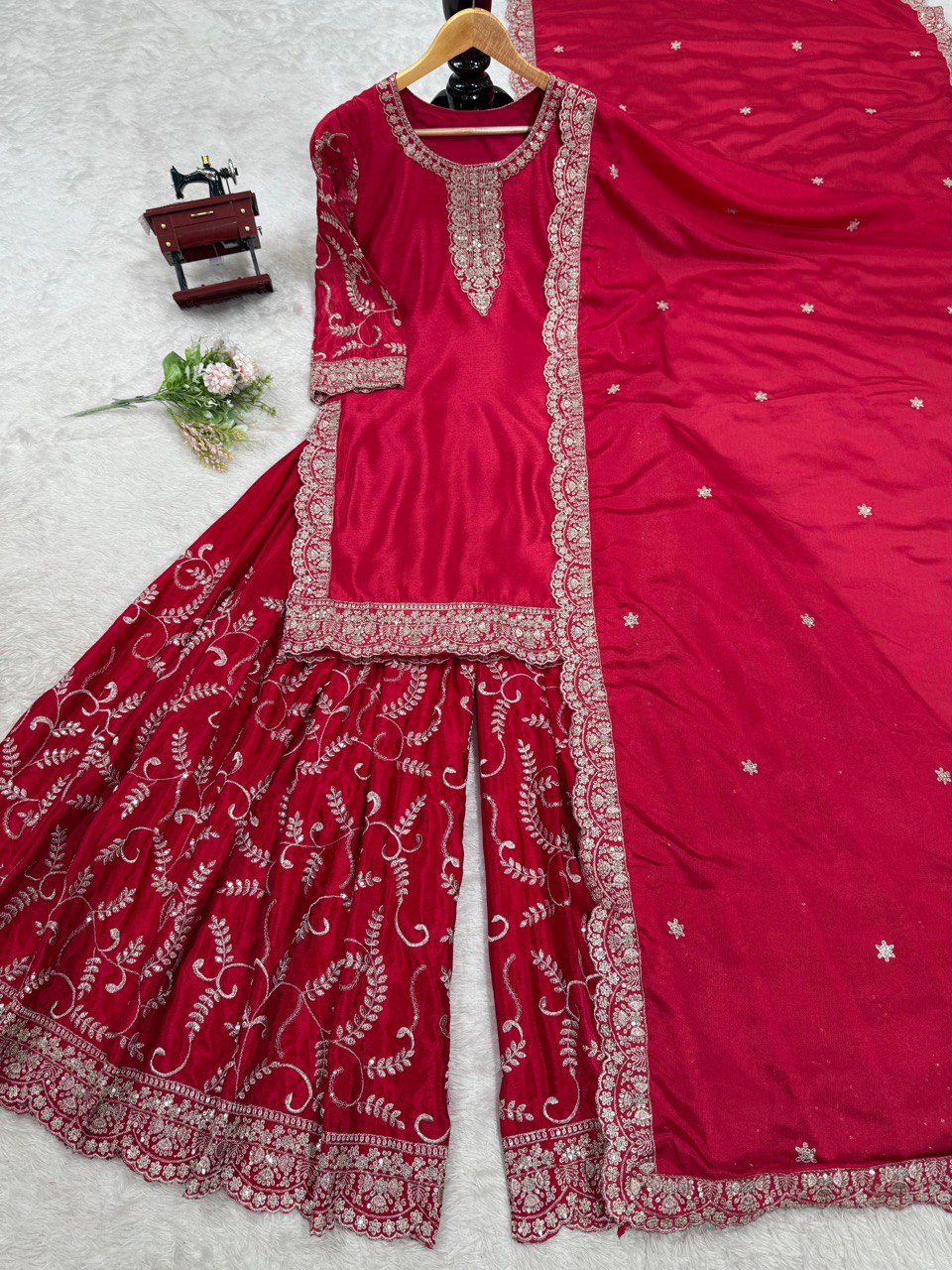 Pink Elegant Chinon Silk Embroidered Plazo Set with Dupatta