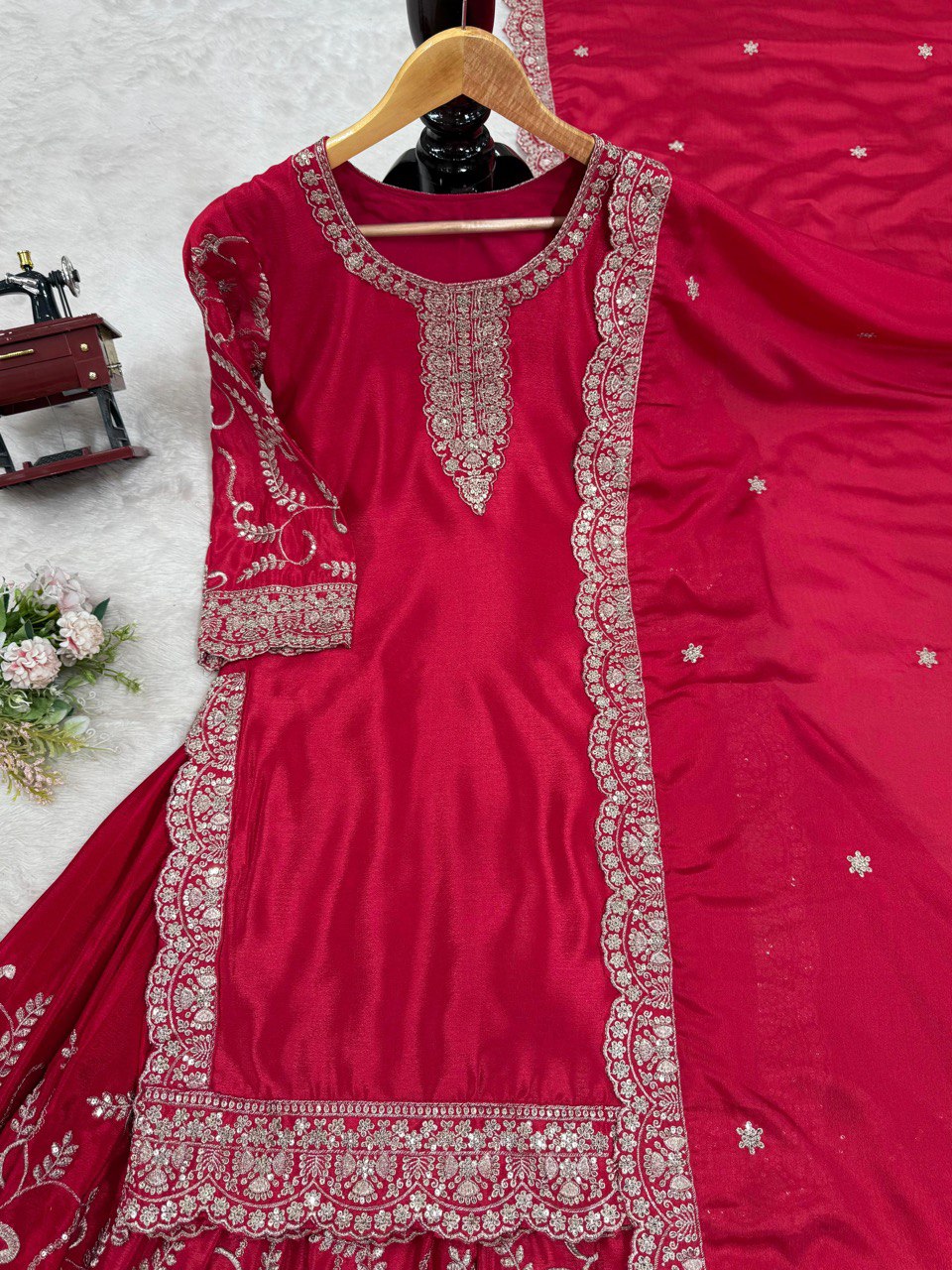 Pink Elegant Chinon Silk Embroidered Plazo Set with Dupatta