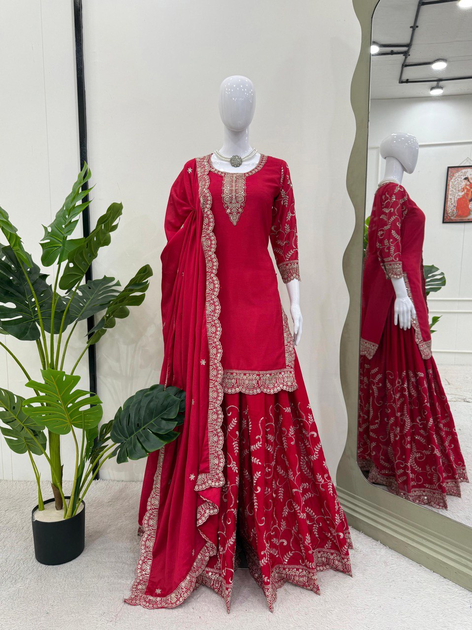 Pink Elegant Chinon Silk Embroidered Plazo Set with Dupatta