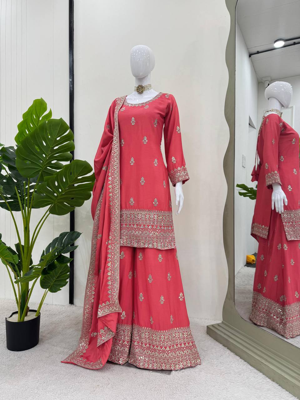 Pink Elegant Chinon Silk Ensemble – Top, Plazo & Dupatta