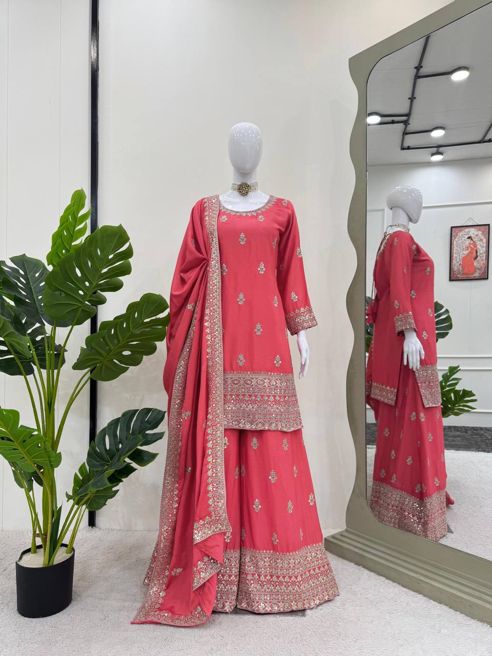 Pink Elegant Chinon Silk Ensemble – Top, Plazo & Dupatta