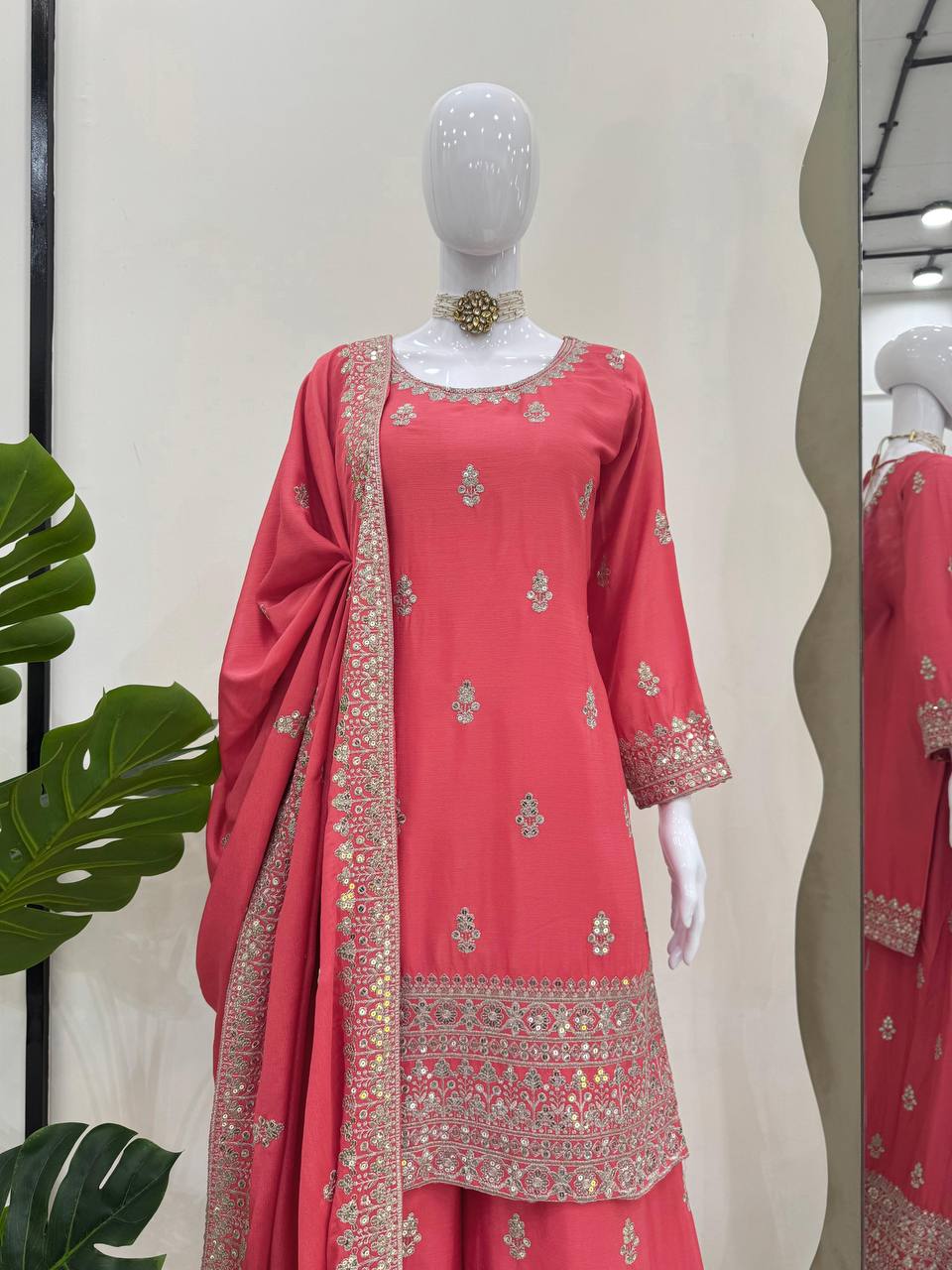 Pink Elegant Chinon Silk Ensemble – Top, Plazo & Dupatta