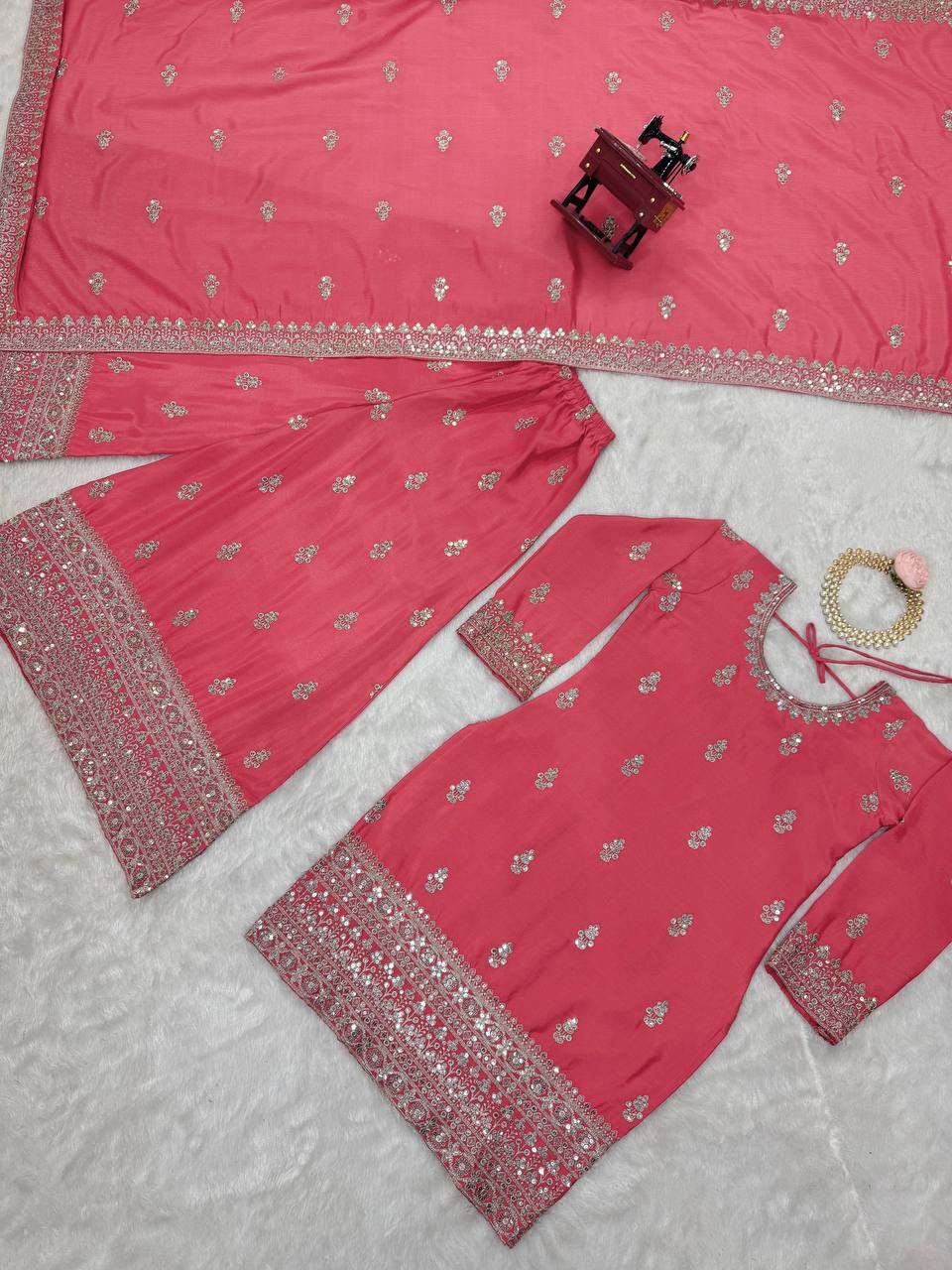 Pink Elegant Chinon Silk Ensemble – Top, Plazo & Dupatta
