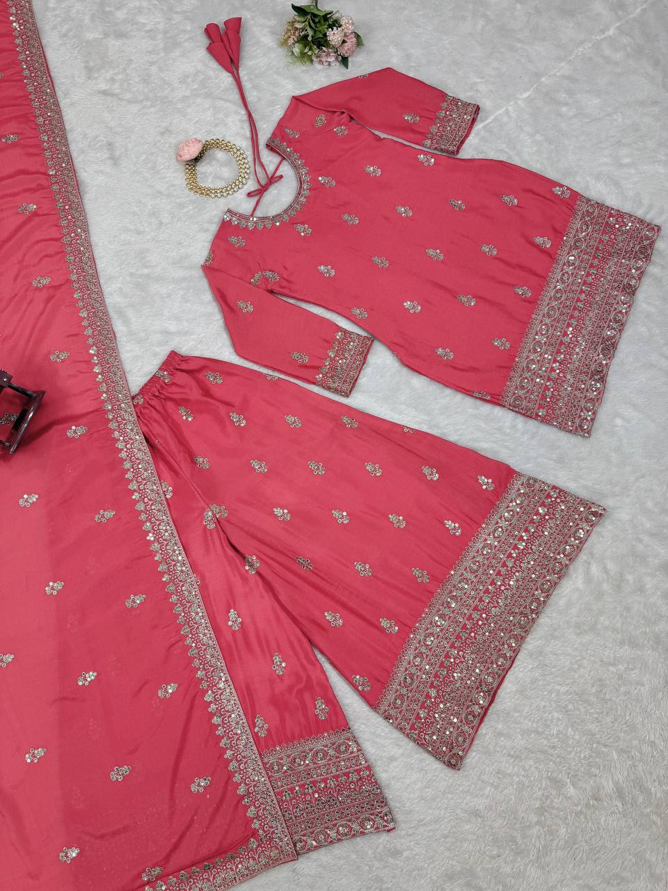 Pink Elegant Chinon Silk Ensemble – Top, Plazo & Dupatta