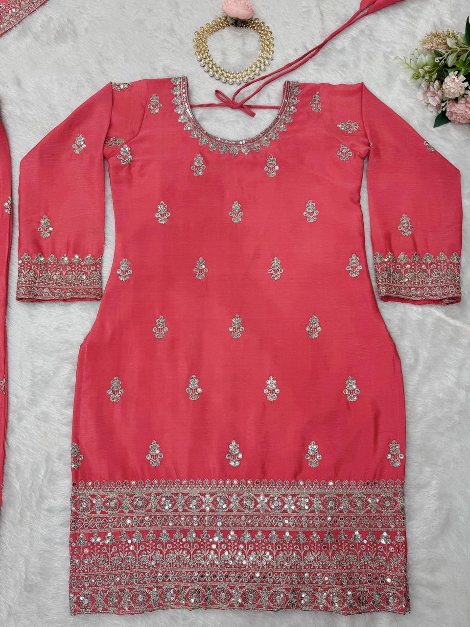 Pink Elegant Chinon Silk Ensemble – Top, Plazo & Dupatta