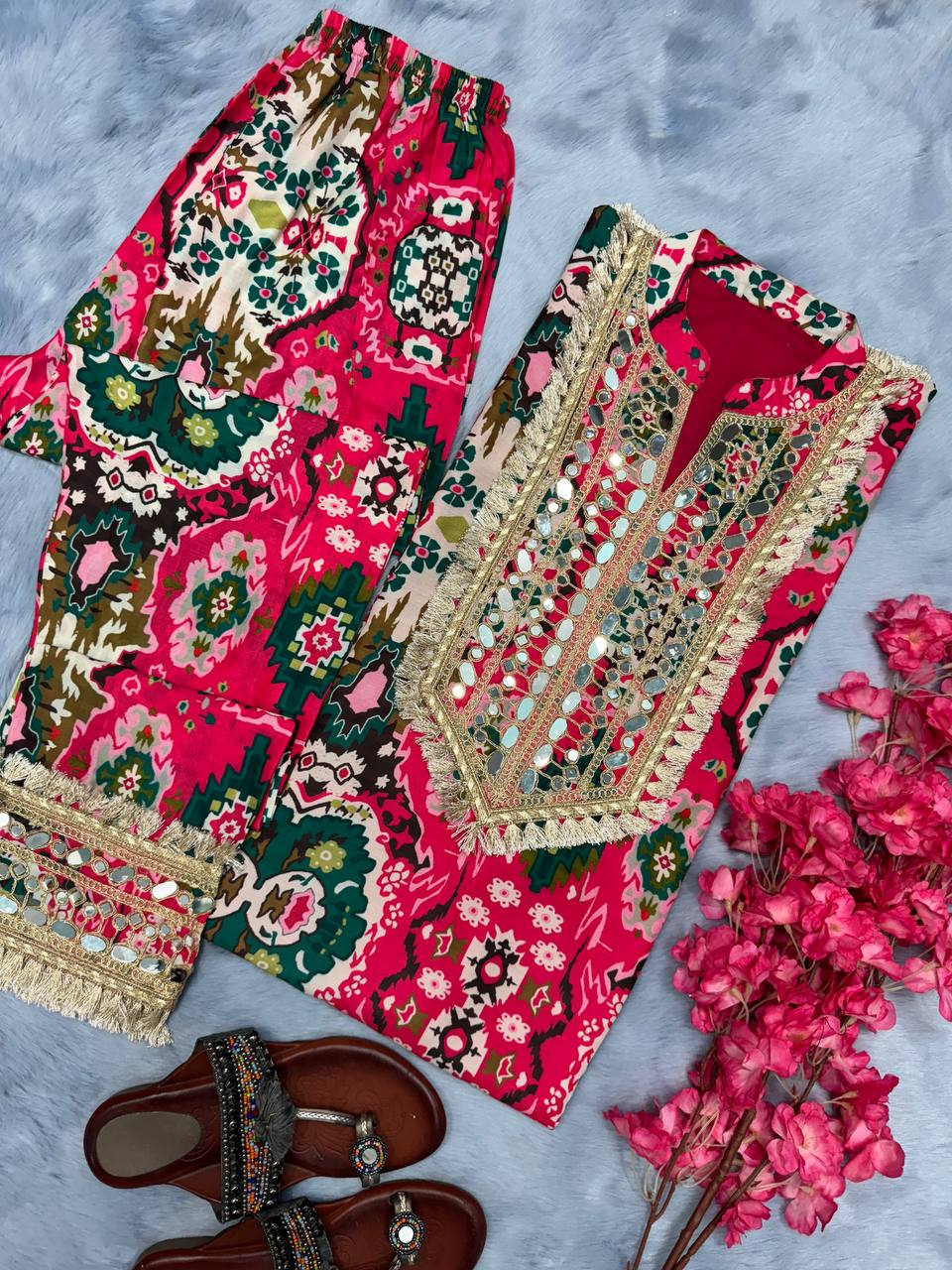 Pink Elegant digital print Festival & Party Wear Maslin Silk Top & Bottom Set