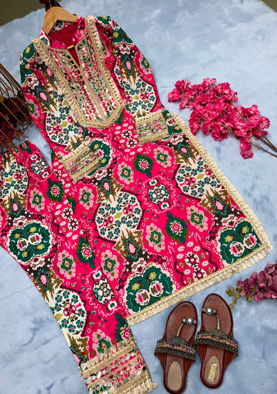 Pink Elegant digital print Festival & Party Wear Maslin Silk Top & Bottom Set