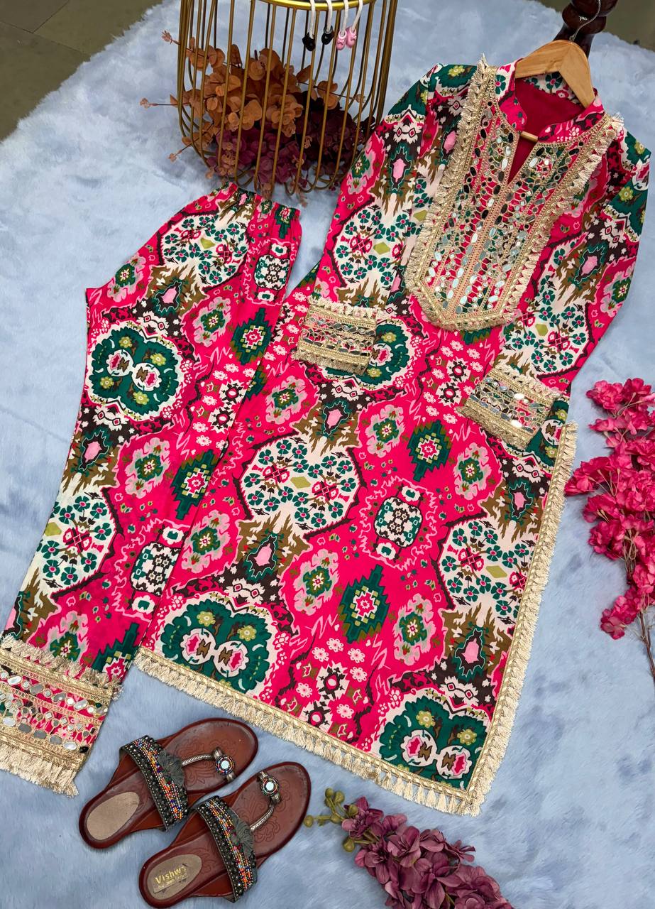 Pink Elegant digital print Festival & Party Wear Maslin Silk Top & Bottom Set