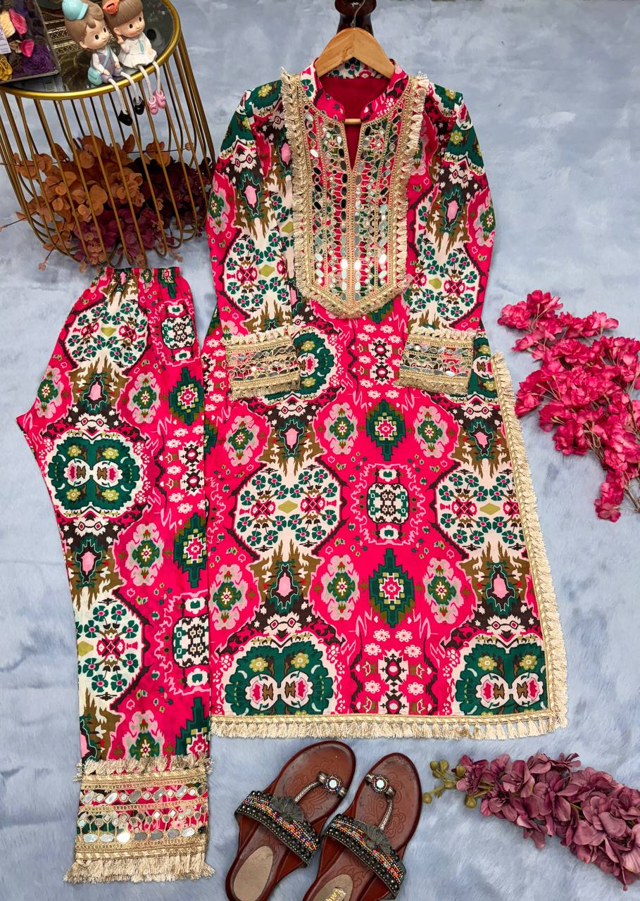 Pink Elegant digital print Festival & Party Wear Maslin Silk Top & Bottom Set