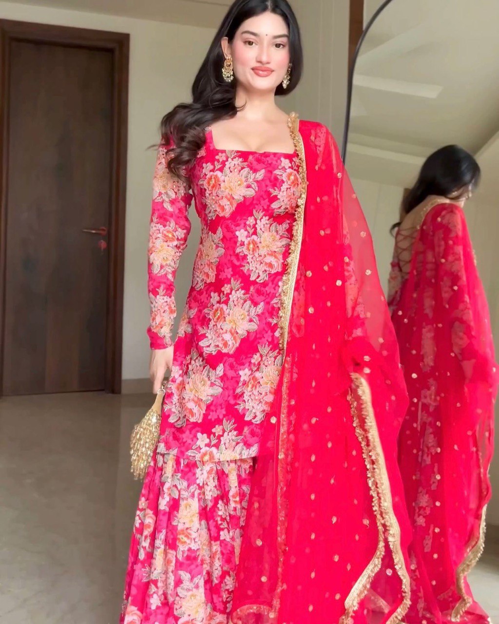 Pink Elegant Digital Printed Georgette Sharara Set with Butti Work Dupatta – Modern Ethnic Wear