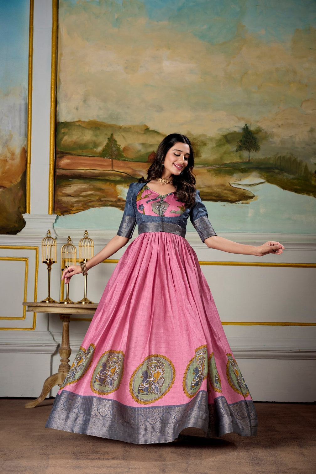 Pink Elegant Dola Silk Kalamkari Print Gown with Zari Weaving Koti