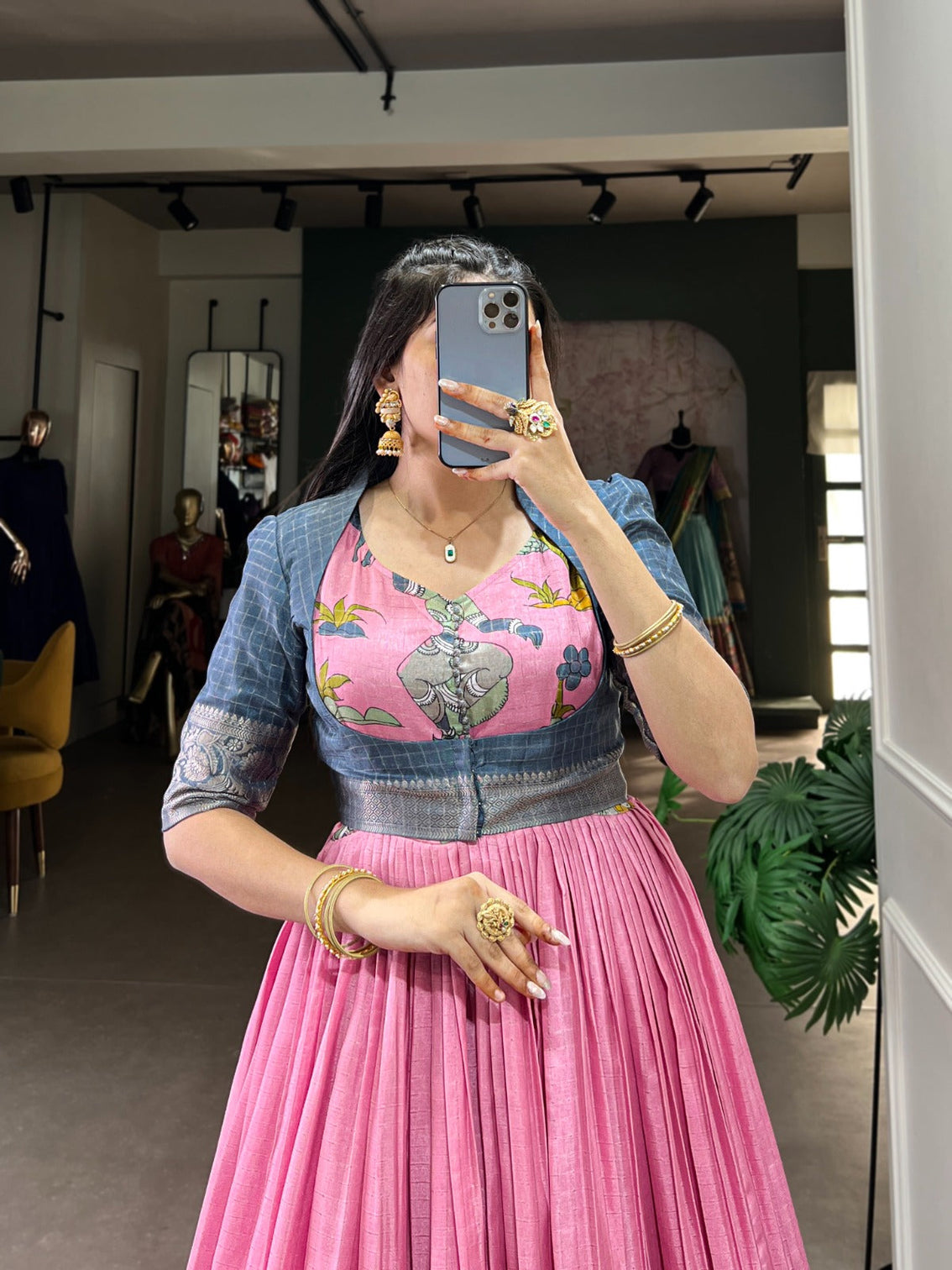 Pink Elegant Dola Silk Kalamkari Print Gown with Zari Weaving Koti