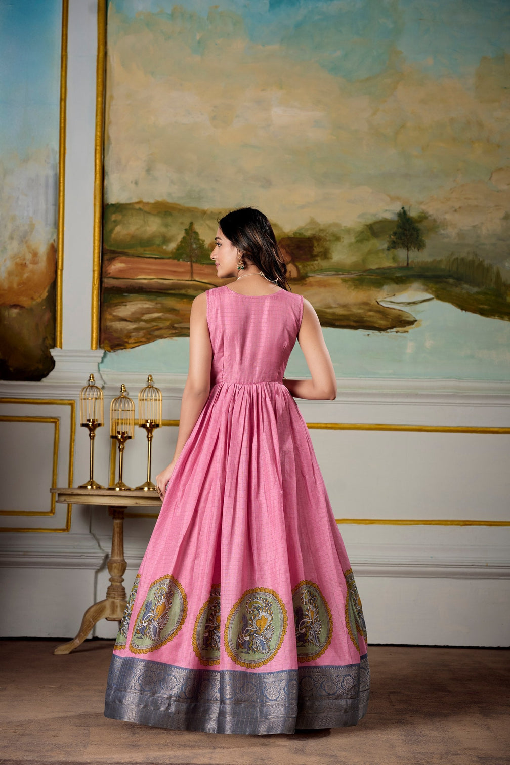 Pink Elegant Dola Silk Kalamkari Print Gown with Zari Weaving Koti