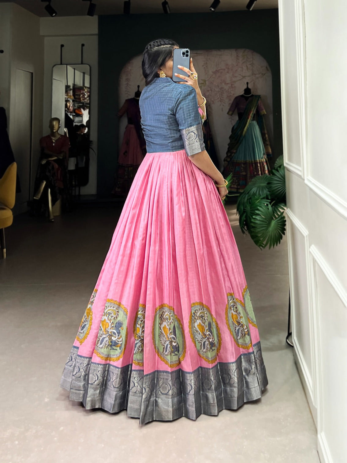 Pink Elegant Dola Silk Kalamkari Print Gown with Zari Weaving Koti