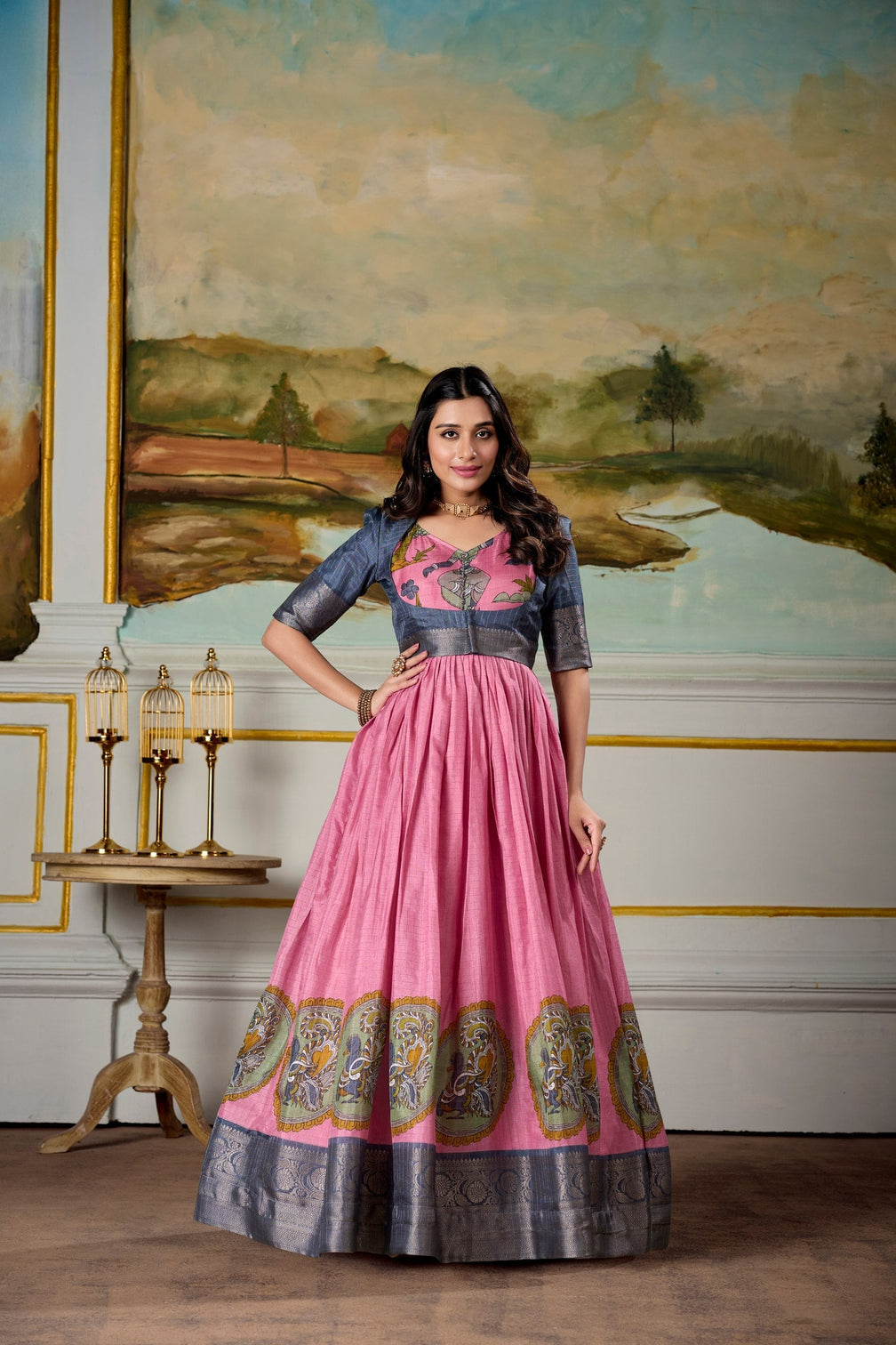 Pink Elegant Dola Silk Kalamkari Print Gown with Zari Weaving Koti
