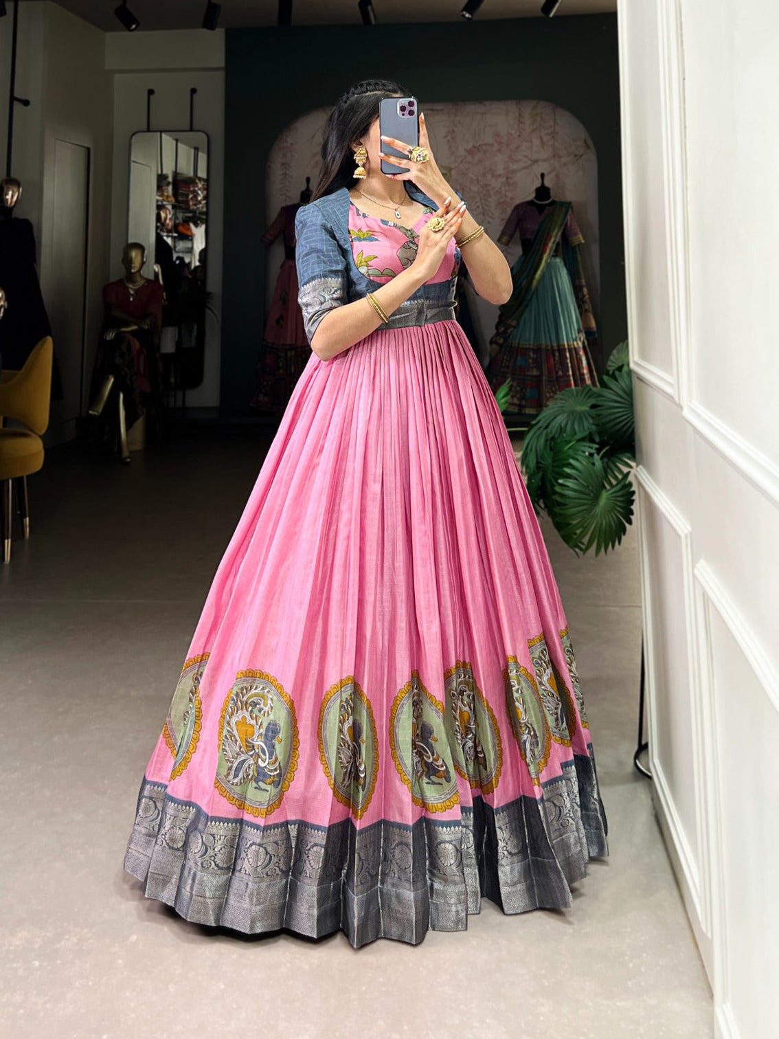 Pink Elegant Dola Silk Kalamkari Print Gown with Zari Weaving Koti