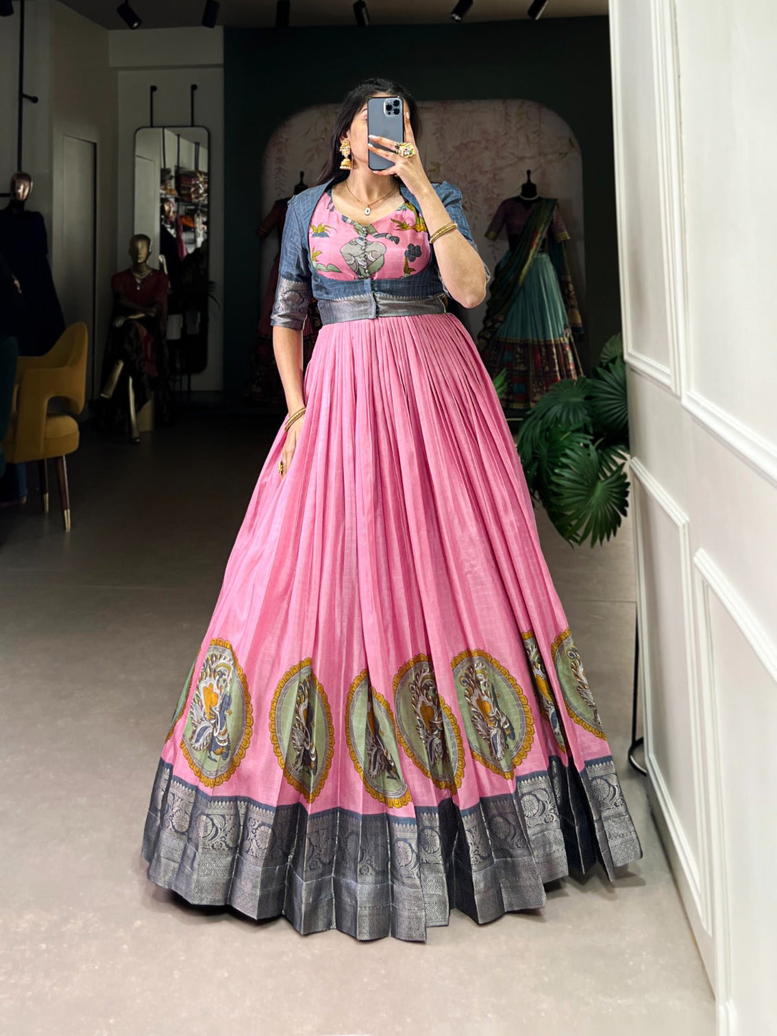 Pink Elegant Dola Silk Kalamkari Print Gown with Zari Weaving Koti