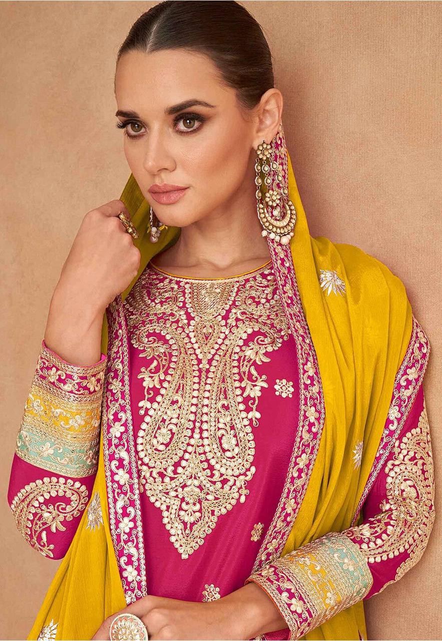 Pink Elegant Embroidered Chinon Suit Set with Dupatta