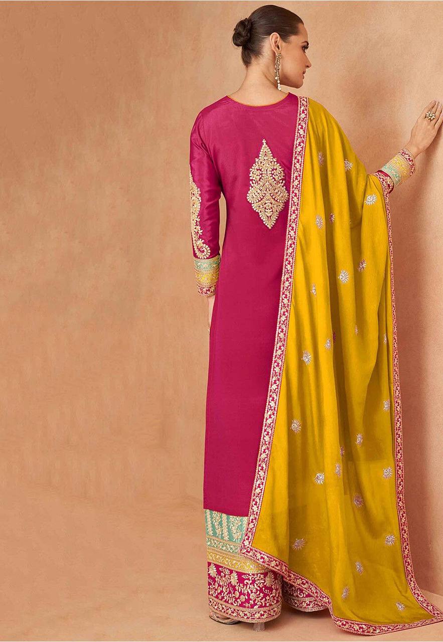 Pink Elegant Embroidered Chinon Suit Set with Dupatta