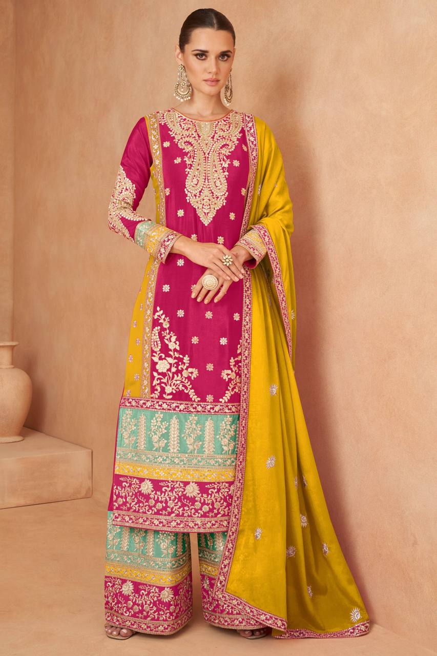 Pink Elegant Embroidered Chinon Suit Set with Dupatta