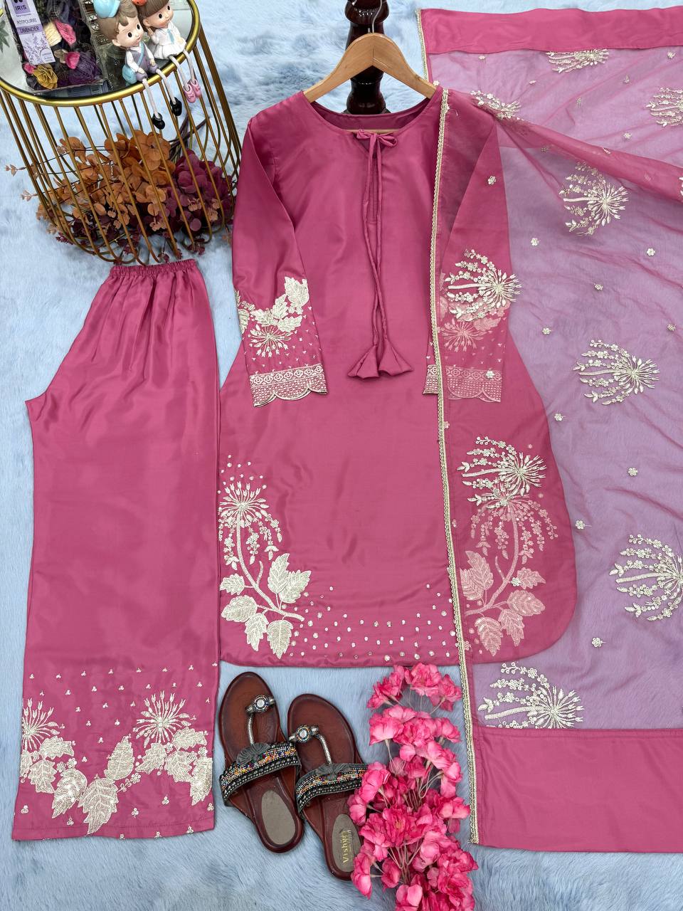 Pink Elegant Embroidered Crepe Palazzo Set with Dupatta