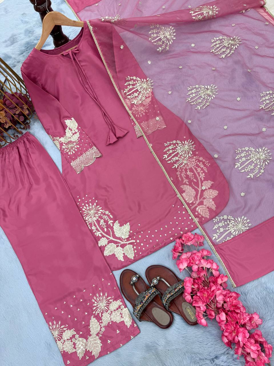 Pink Elegant Embroidered Crepe Palazzo Set with Dupatta