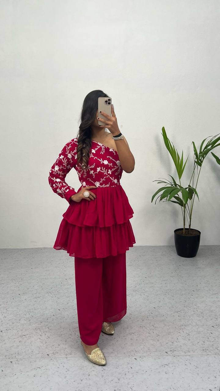 Pink Elegant Embroidered Georgette Top & Palazzo Set – Chic & Classy!