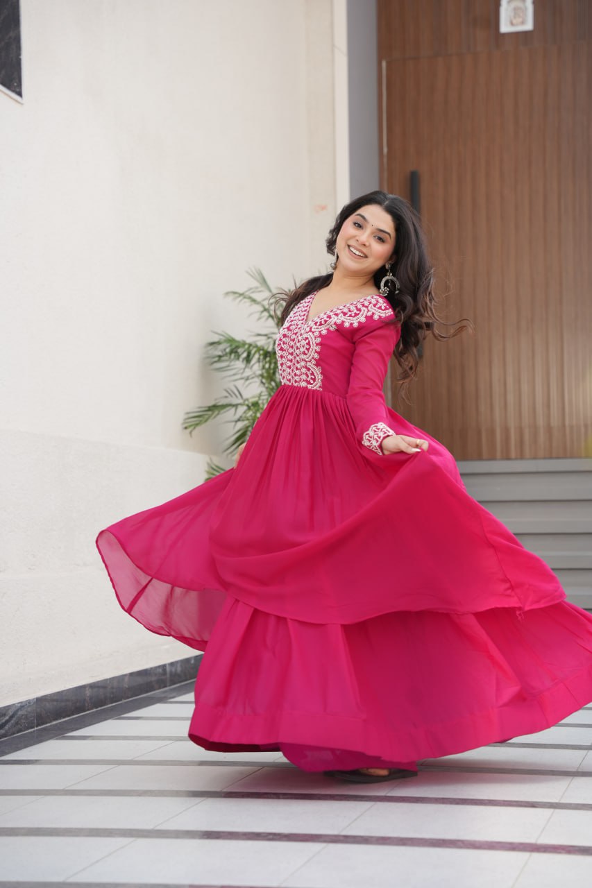 Pink Elegant Embroidered Star Georgette Gown – Double Flair & Designer V Neck