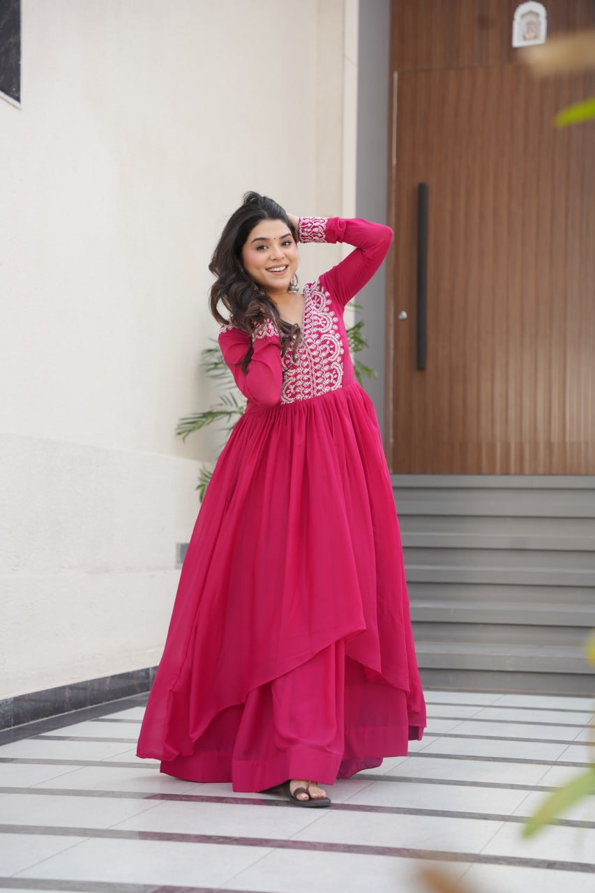 Pink Elegant Embroidered Star Georgette Gown – Double Flair & Designer V Neck