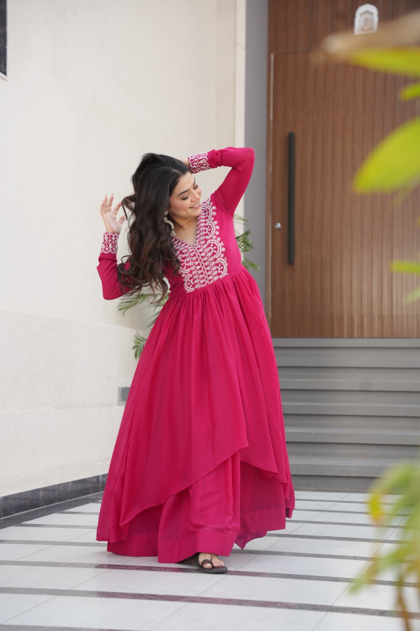 Pink Elegant Embroidered Star Georgette Gown – Double Flair & Designer V Neck