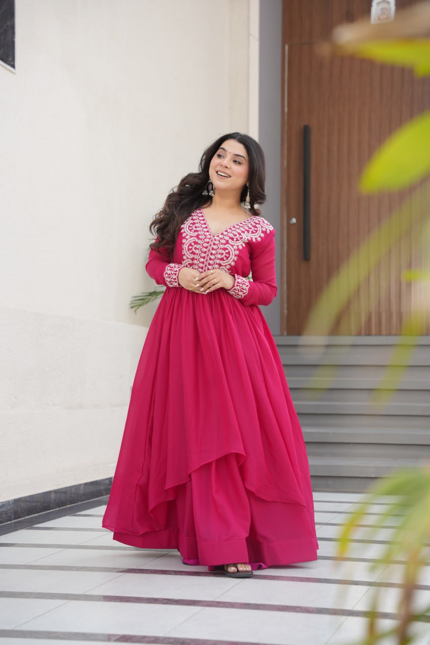 Pink Elegant Embroidered Star Georgette Gown – Double Flair & Designer V Neck