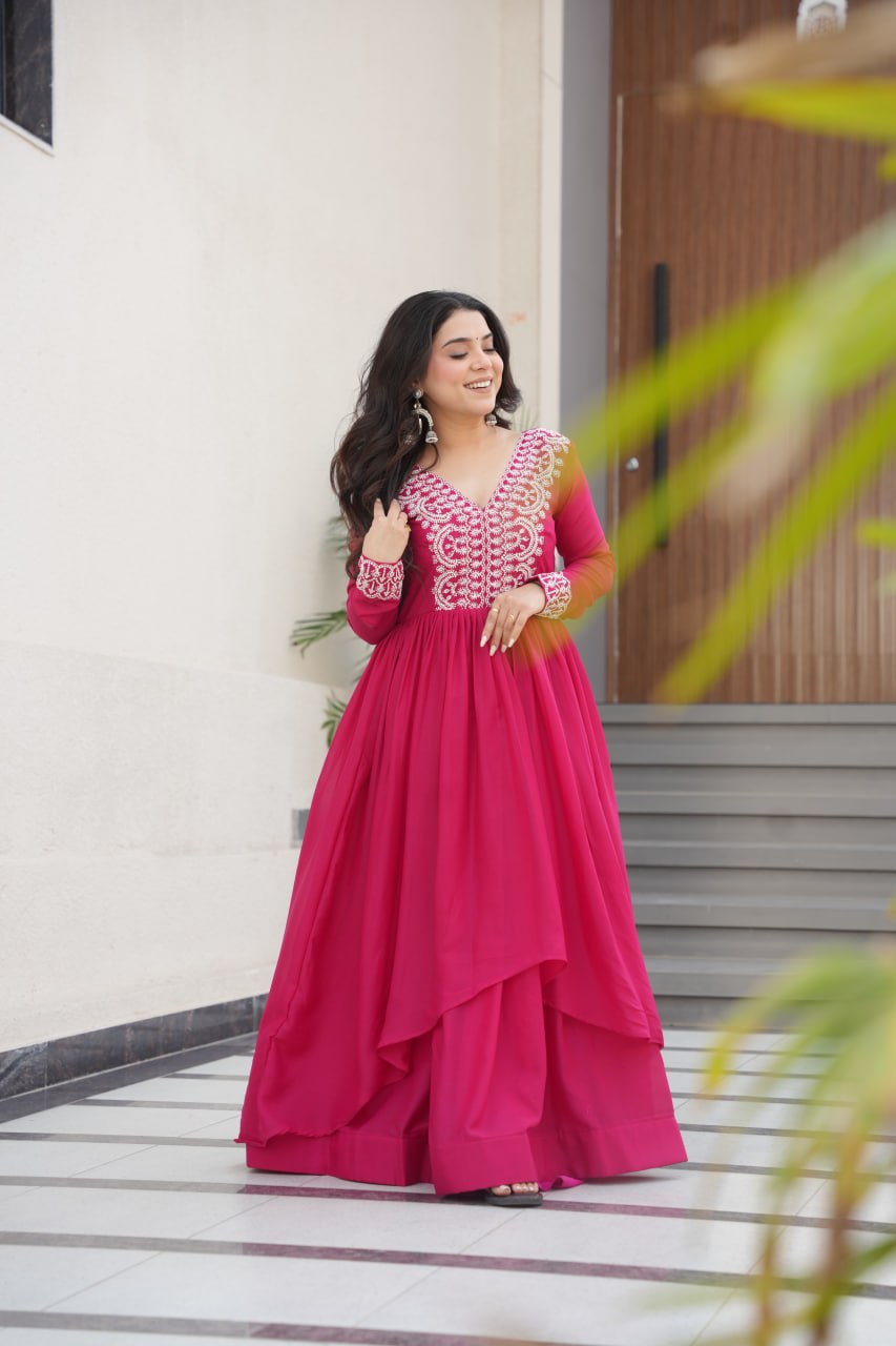 Pink Elegant Embroidered Star Georgette Gown – Double Flair & Designer V Neck