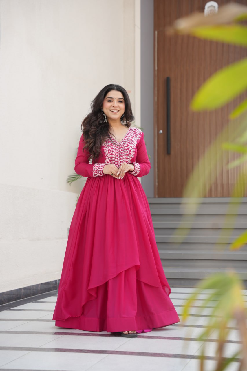 Pink Elegant Embroidered Star Georgette Gown – Double Flair & Designer V Neck