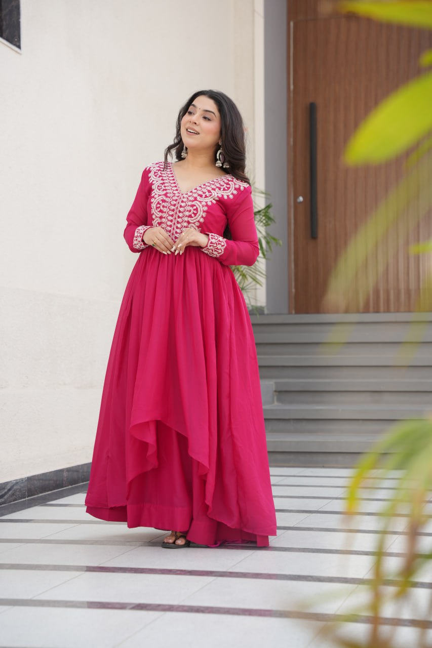 Pink Elegant Embroidered Star Georgette Gown – Double Flair & Designer V Neck