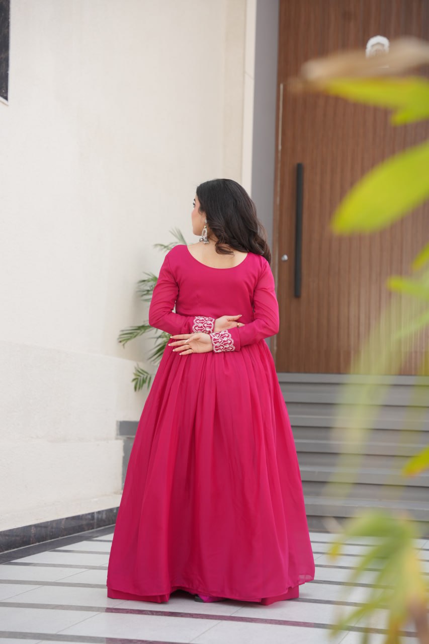 Pink Elegant Embroidered Star Georgette Gown – Double Flair & Designer V Neck