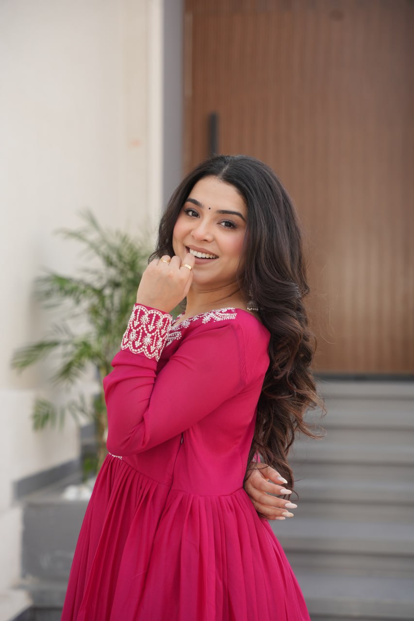 Pink Elegant Embroidered Star Georgette Gown – Double Flair & Designer V Neck