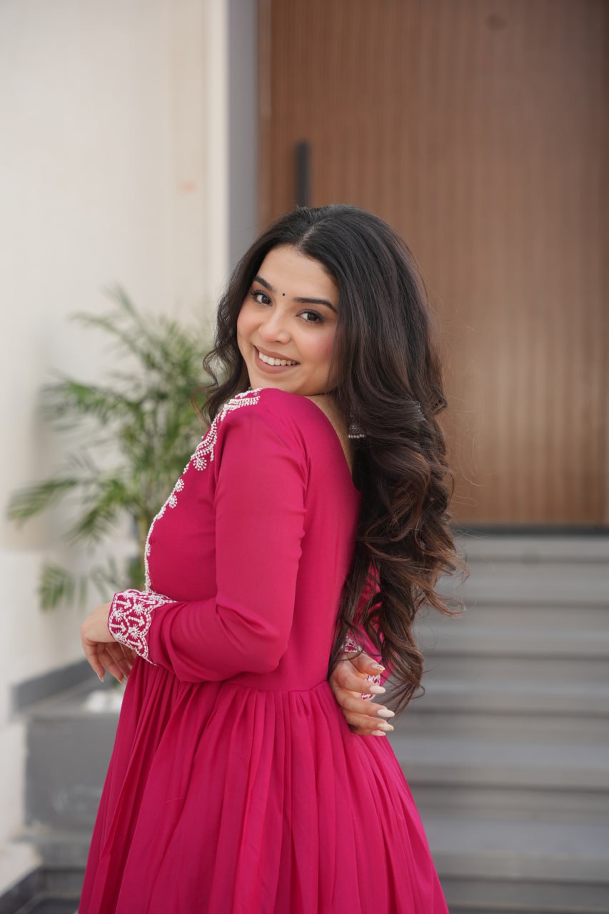 Pink Elegant Embroidered Star Georgette Gown – Double Flair & Designer V Neck