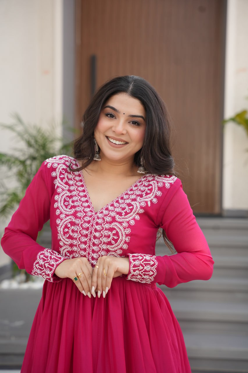 Pink Elegant Embroidered Star Georgette Gown – Double Flair & Designer V Neck