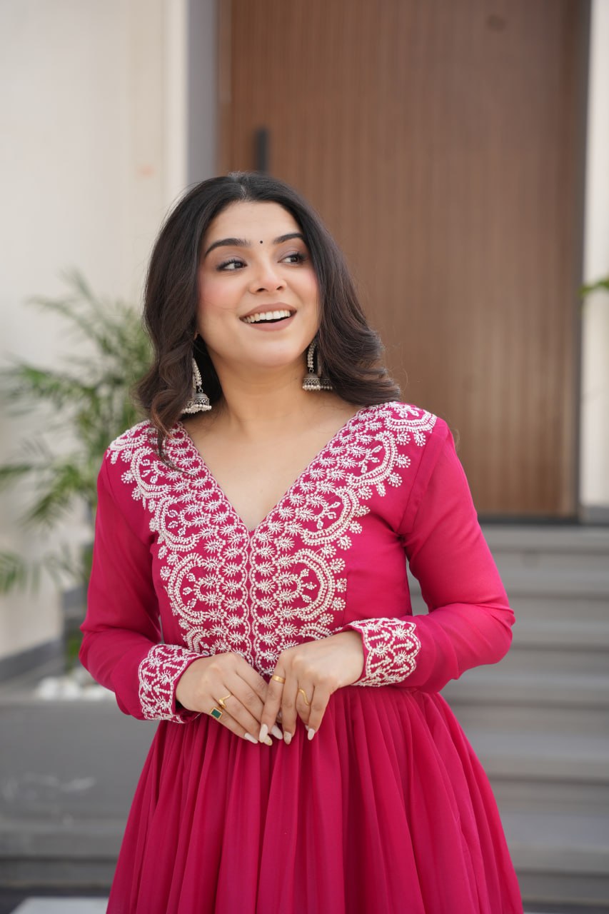 Pink Elegant Embroidered Star Georgette Gown – Double Flair & Designer V Neck