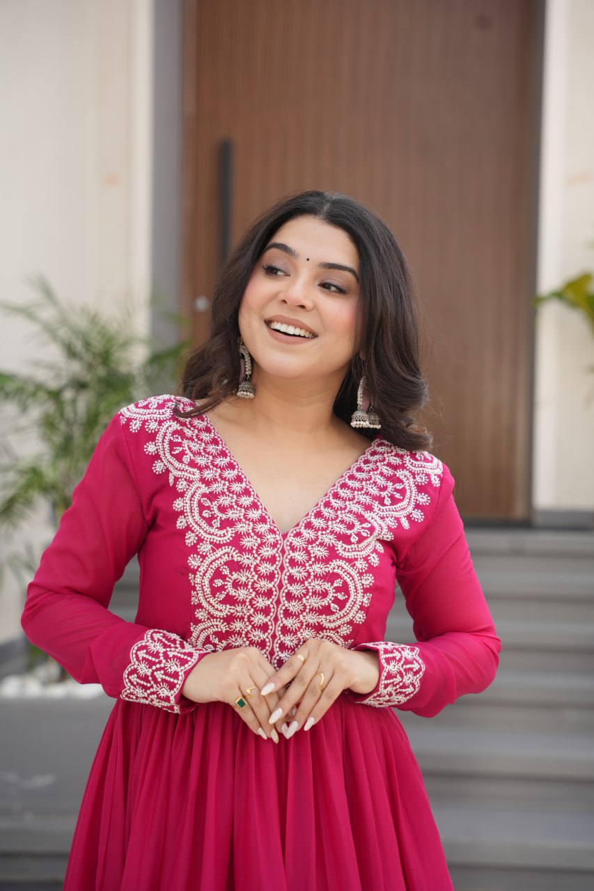 Pink Elegant Embroidered Star Georgette Gown – Double Flair & Designer V Neck